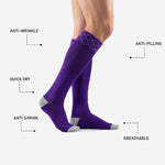 Custom purple soccer socks matchday pair showing full Royal Purple body with Silver-Grey toe and heel