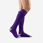 Custom purple soccer socks side view with Silver-Grey contrast heel panel and turnover cuff detail