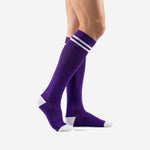 Custom purple soccer socks side view displaying knee high length and white contrast heel and toe zones