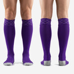 Custom purple soccer socks toe panel view with Silver-Grey contrast block and reinforced double-knit construction
