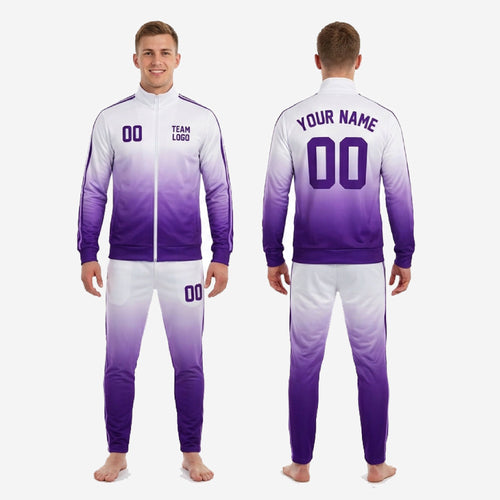Custom purple soccer tracksuit full 2-piece set back view showing name arc print zone and Royal Purple gradient on jacket and pants