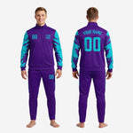 Custom purple soccer tracksuit full-zip stand collar detail with turquoise ribbed cuff and sublimated sleeve panel