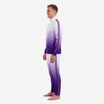 Custom purple soccer tracksuit right side view showing Royal Purple to White gradient fade and ribbed cuffs on jacket and pants