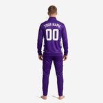 Royal purple custom soccer tracksuit jacket detail showing stand collar full-zip front and sublimated white contrast side panel