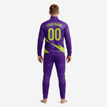 Custom purple soccer tracksuit jacket detail showing stand collar full-zip front and Lime Green angular chest panel with team logo zone