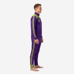 Sublimated purple soccer tracksuit side view showing Lime Green twin stripe running full sleeve and pant leg length