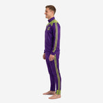 Custom purple soccer tracksuit right side view showing tapered pants cut and Lime Green ankle cuff crystal-burst detail