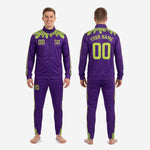 Ankle cuff detail on custom purple soccer tracksuit pants showing Lime Green crystal-burst sublimated print repeat