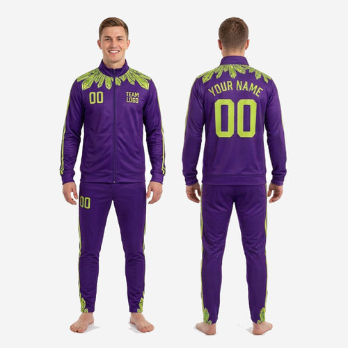Ankle cuff detail on custom purple soccer tracksuit pants showing Lime Green crystal-burst sublimated print repeat