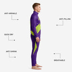 Custom purple soccer tracksuit pants detail with Lime Green side panel and zip ankle cuff for over-boot removal