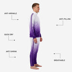 Custom purple soccer tracksuit tapered pant leg showing White contrast stripe detail and gradient finish from hip to ankle