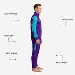 Custom purple soccer tracksuit tapered pants with turquoise sublimated slash side panel and elastic waistband detail
