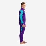 Custom purple soccer tracksuit side view showing turquoise slash-panel on sleeve and matching tapered pants with side stripe