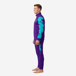 Custom purple soccer tracksuit right-side view showing full-length zip, stand collar, and turquoise side panel on tapered pants