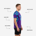 Back view of custom purple soccer training jersey showing clear player number zone on solid purple field with turquoise shoulder shards