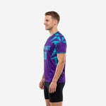 Custom purple soccer training jersey right side view showing geometric turquoise shard pattern radiating from shoulder cap