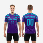 V-neck collar with turquoise piping detail on custom purple soccer training jersey made to order