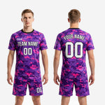 Custom purple digital camo soccer uniforms back view showing player name and number print placement