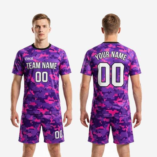 Custom purple digital camo soccer uniforms back view showing player name and number print placement
