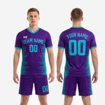 Back view of custom purple soccer uniforms showing back name and number print zones on Royal Purple sublimated jersey - K2 Sportswear