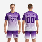 Custom purple soccer uniforms back view showing player name and number placement on full-dye sublimated gradient kit