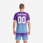 Back view of custom purple soccer uniform with Royal Purple to Sky Blue gradient, white back name and number, matching shorts