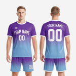 Front and back view of custom purple soccer uniform set with team name, front number, back name and number in white print