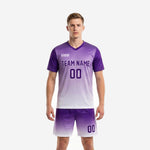Custom purple soccer uniforms with Royal Purple to White gradient fade, mens full kit front view, jersey and shorts