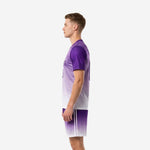 Mens custom purple soccer uniform right side view displaying white contrast side stripe trim on gradient shorts
