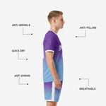 Side view of custom purple soccer uniforms showing anti-wrinkle, quick-dry, breathable, and anti-pilling fabric features