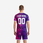 Close front detail of custom purple soccer uniform kit showing team name and number placement on galaxy-print jersey chest