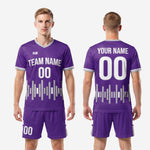 Custom Purple and Silver futbol uniform showing waveform design across chest and matching shorts
