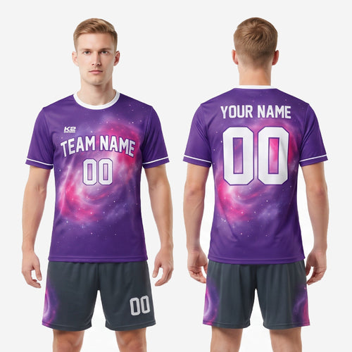 Full custom purple and pink galaxy soccer uniform set laid flat showing jersey and matching shorts