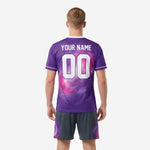 Custom purple soccer jersey back view with galaxy print, player name and number zones visible