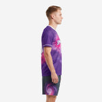 Men's custom purple soccer uniform with galaxy sublimation print, left side view showing sleeve cuff stripe and shorts