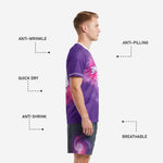 Custom purple soccer shorts with galaxy pattern and player number on left leg, charcoal waistband detail