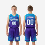 Back view of custom purple and teal sublimated youth basketball uniform set showing back number and player name placement