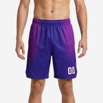 Custom purple tournament basketball shorts front view showing hex-fade gradient pattern from pink-magenta hip to deep-purple hem with white number 00 on left leg