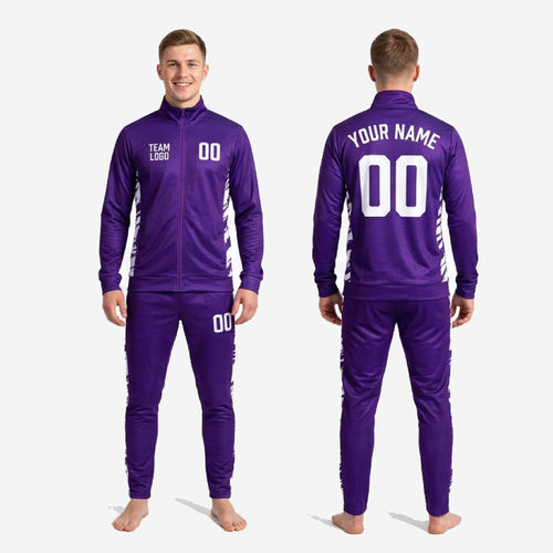 Full 2-piece custom purple and white soccer tracksuit set made to order for club and school soccer teams