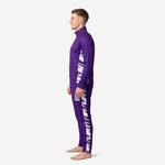 Custom purple soccer tracksuit right side view showing tapered pants with white graphic side panel and player number on mid-thigh