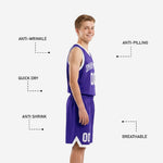 Back view of custom purple youth basketball uniforms showing player name and number placement on solid purple jersey with white trim