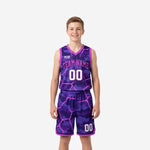 Custom purple youth basketball uniforms with pink lightning camo pattern, team name and number 00 on jersey and matching shorts - front and back view