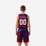 Back view of custom purple youth basketball uniforms showing back player name and number placement on galaxy constellation jersey