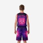 Back view of purple galaxy youth basketball uniform showing sublimated back number placement and matching hot-pink shorts hem stripe