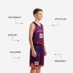Full set view of custom purple and coral youth basketball uniform with galaxy constellation print on jersey and shorts