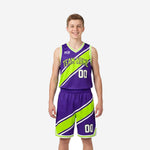 Custom purple youth basketball uniforms with lime green diagonal stripe and white trim, full two-piece set on youth boy model, front view
