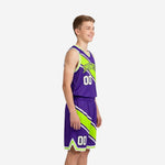 Front view of custom purple and lime green sublimated youth basketball uniform with arched team name and number 00 on jersey and shorts