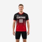Custom red and black practice jersey with gradient fade, white team name and number on chest, male model front view