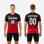 Full body athletic cut view of custom red and black soccer practice jersey on male model