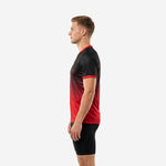 Custom red and black practice jersey right side view displaying gradient colorway and V-neck red trim detail